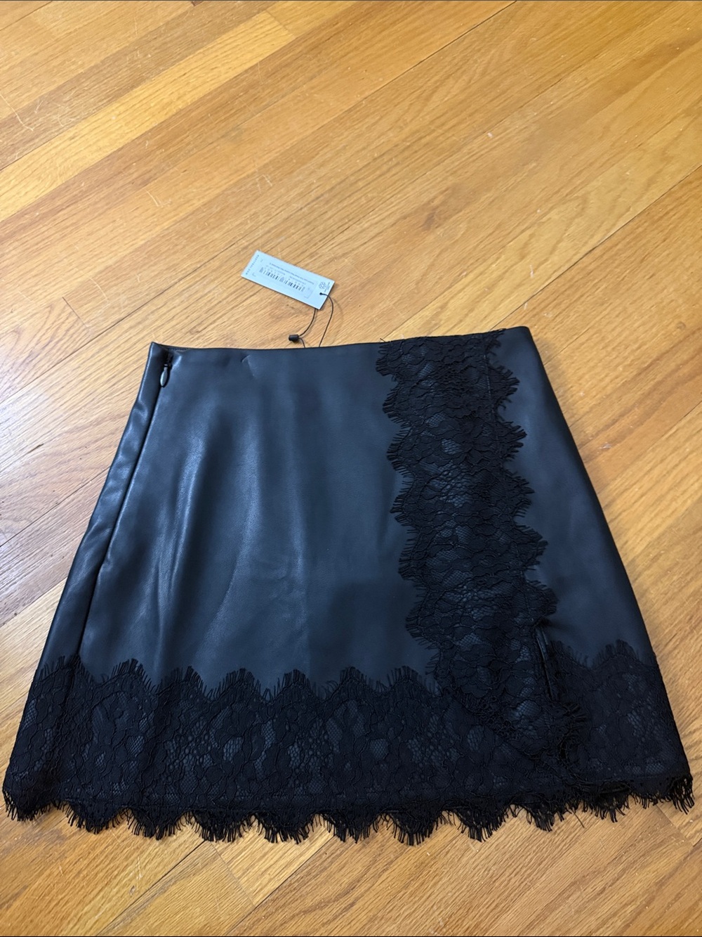 Nasty Gal Black Faux Leather Mini Skirt with Lace Trim